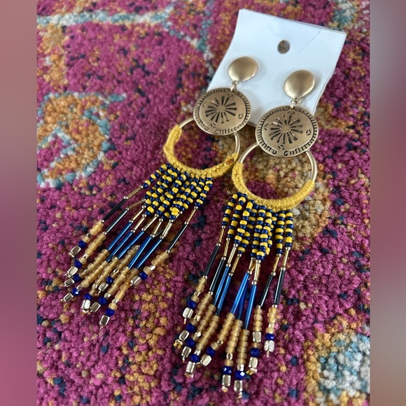 NWT Free People | Women’s gold/mustard/blue beaded Wait For Me earrings.  OS - Picture 7 of 12